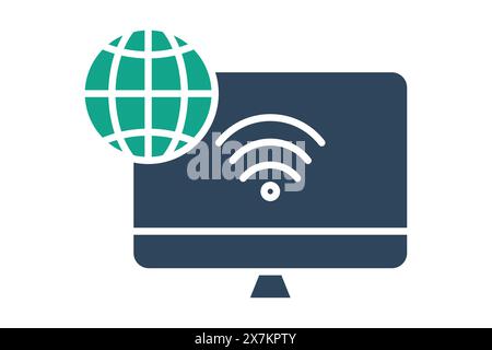 information technology icon. computer with earth and wifi. icon related to information technology. solid icon style. technology element vector illustr Stock Vector