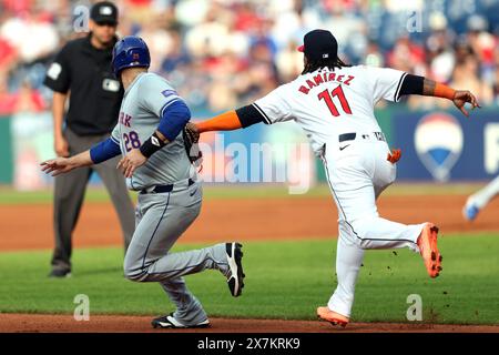Cleveland, United States. 20th May, 2024. Cleveland Guardians Jose Ramirez (11) tags out New York Mets J.D. Martinez (28) in a run down during the second inning at Progressive Field in Cleveland, Ohio on Monday, May 20, 2024. Photo by Aaron Josefczyk/UPI Credit: UPI/Alamy Live News Stock Photo