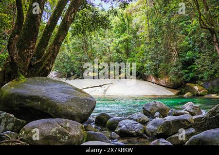 Beautiful pool at bottom of the multi-tiered cascading waterfall, Josephine Falls, a 'must visit' near the base of Mount Bartle Frere in FNQ Stock Photo