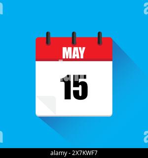 Calendar icon vector. Red May header. Date fifteen. Blue background shadow. Stock Vector