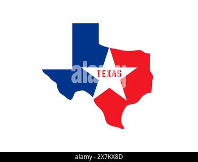 Texas state symbol, map icon with vector silhouette of Texas, red blue and white flag with star. USA country the lone state isolated badge for t-shirt print. Texas map badge in national flag colors Stock Vector