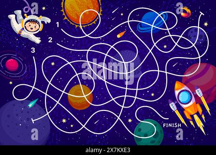 Galaxy labyrinth maze game, help to kid astronaut find his spaceship, vector worksheet. Space maze labyrinth game with kid spaceman in galaxy finding way to rocket shuttle in starry sky Stock Vector