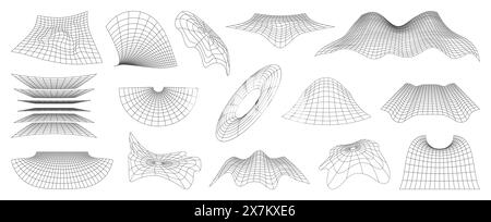 Wireframe grid mesh or futuristic net in 3D perspective, vector geometric shapes. Wireframe elements of distorted terrain with wave line wire warp, retrowave cyber gravity net with grid mesh pattern Stock Vector