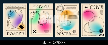 Aesthetic gradient y2k posters with abstract blurred shapes, line frames and elements. Vector trendy graphics of outline star, heart, sun and sparkle, arch and circle on pastel gradient background set Stock Vector