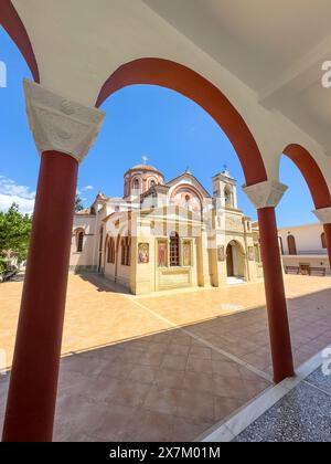 View through archway to main entrance portal of orthodox church monastery church Zoodochos Pege in Byzantine style from 14th century in today's Stock Photo