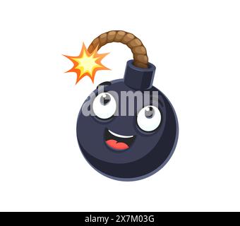 Cartoon bomb character. Isolated vector explosive weapon comic book or emoji personage, with cute face, big eyes, smile and lit fuse on top indicating its about to go off. Funny bomb with burning wick Stock Vector