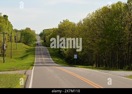 Historic Route 66 in the evening light near Springfield, Missouri Stock Photo