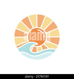 Sunset design, the sun is in the center of the circle with waves in the background Stock Vector
