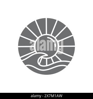 Sunset silhouette with sea waves, the sun is in the center of the circle with waves in the background Stock Vector