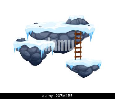 Arcade game platforms with ice and snow, winter level game asset, vector UI. Cartoon snowy rock platforms or stone floating islands with wood ladder and icicles, 2d arcade videogame winter map element Stock Vector