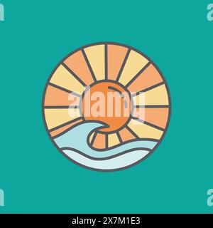 Sunset outline design, the sun is in the center of the circle with waves in the background Stock Vector
