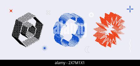 Textured bitmap shapes set. Blue, red, black dither halftone objects collection. 3d star, flower, hexagon elements for banner, poster, leaflet. Abstract pixelated raster effect bundle. Vector pack Stock Vector
