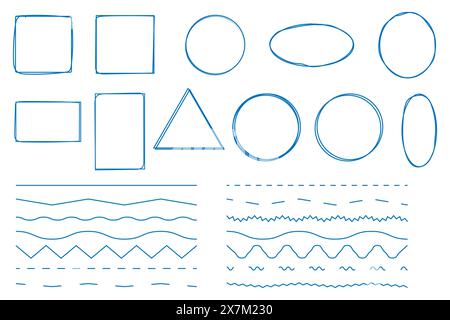 Hand drawn different frames and zigzag lines in doodle style sketch of graphic elements. Stock Vector
