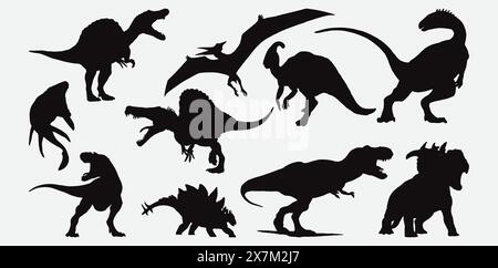 Dinosaur Silhouette Vector Set Featuring Various Prehistoric Species in Detailed Artistic Designs Stock Vector