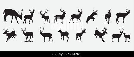 Deer Silhouette Vector Collection Featuring Elegant and Detailed Deer Silhouettes for Various Design Projects Stock Vector