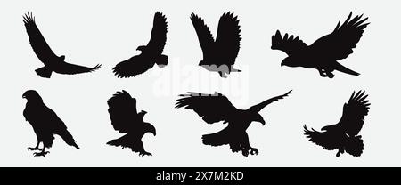 Majestic Eagles Silhouette Vector Set Detailed Collection of Soaring and Perching Eagle Silhouettes Stock Vector