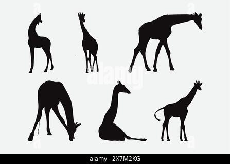 Elegant Giraffes Silhouette Vector Collection in Various Poses and Styles for Artistic Designs Stock Vector