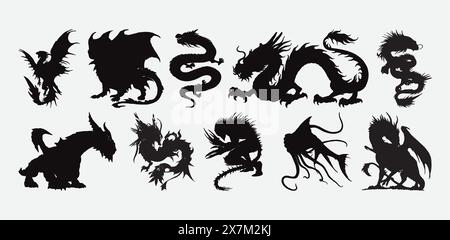 Dragon Silhouette Vector Set Collection of Fierce Dragon Shapes in Majestic Poses Stock Vector