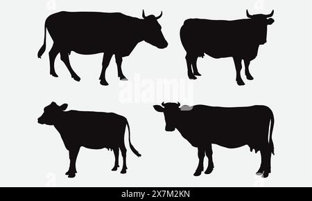 Comprehensive Cows Silhouette Vector Set Featuring Detailed Farm Animal Designs for Agriculture and Livestock Graphics Stock Vector