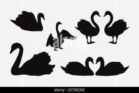 Elegant Swans Silhouette Vector Set: Graceful and Detailed Designs for Artistic Creations Stock Vector