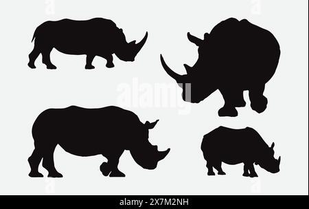 Rhinoceros Silhouette Vector Illustration Set for Wildlife Art and Design Projects Stock Vector