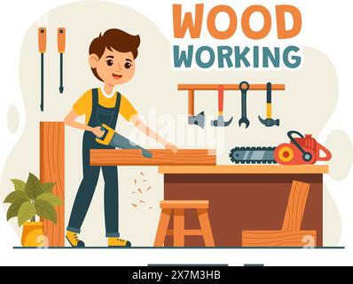 Woodworking Vector Illustration featuring Modern Craftsmen and Workers Producing Furniture Using Tools, Presented in a Flat Cartoon Style Background Stock Vector