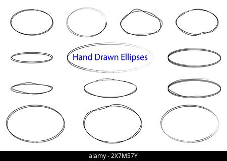 Hand drawn various ellipses doodle drawing ovals and bubbles style sketch of graphic elements. Stock Vector