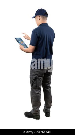 Engineer or worker work with digital tablet isolated on white Stock Photo