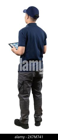 Engineer or worker work with digital tablet isolated on white Stock Photo