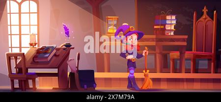 Magic wizard school interior with kid girl witch in hat and with broom stick. Cartoon vector cute little student standing inside classroom with blackboard and teacher desk, table and chair, books. Stock Vector