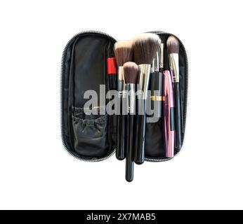A set of various makeup brushes is neatly arranged in an open black zippered case. Studio shot on white background. Isolated Stock Photo