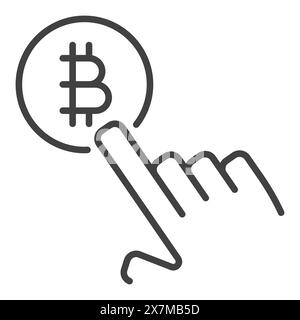 Hand tapping on Bitcoin sign vector Blockchain Technology concept linear icon or symbol Stock Vector