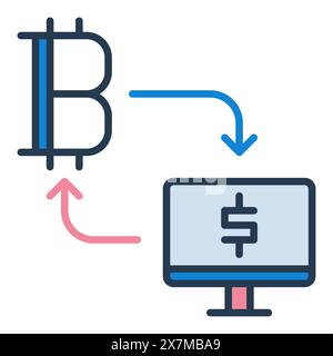 Bitcoin and PC connected with Arrows vector Cryptocurrency concept colored icon or sign Stock Vector
