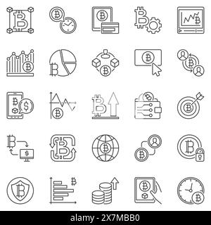 Cryptocurrency outline icons set. Bitcoin Decentralized Blockchain Technology concept linear vector signs. Crypto symbols Stock Vector