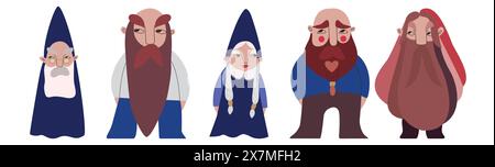 Set of gnomes in blue costumes and blue hats. Family. Vector illustration for packaging, greeting cards and wrapping paper, gifts, posters. Stock Vector