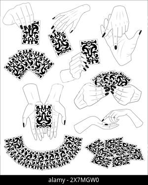 Hand drawn design set with tarot cards in hands of fortune teller. Tattoo, poster or altar print concept, esoteric, wicca and gothic background Stock Vector