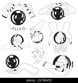 Hand drawn design set witchy magic crystal ball in hads of fortune teller. Tattoo, poster or altar print concept, esoteric, wicca, occult and gothic b Stock Vector