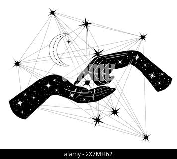 Hand drawn illustrations with hands of witch or fortune teller against stars and sacred geometry pattern. Tattoo, poster or altar print design concept Stock Vector