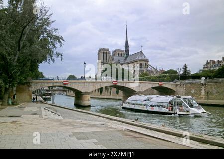 Paris, France - May 29 2018: Péniche passing under the Pont de l'Archevêché (English: Archbishop's Bridge) next to Notre Dame de Paris. Stock Photo