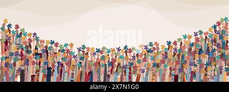 Problem solving concept. Many raised hand of multicultural business women and business men holding a jigsaw puzzle piece. Metaphor. Strategy concept. Stock Vector