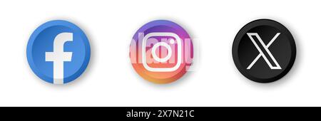 Social media app icon set. Facebook, Instagram and X, former Twitter. Circle shaded button with dropped shadow vector icons. Stock Vector