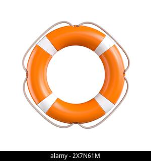 Vibrant orange lifebuoy  white stripes  rope clear transparent background Stock Photo