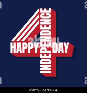 Happy Independence Day creative concept on letter 4 3d illustration on blue background. American flag red stripes. 4th of July poster, greeting card, Stock Vector