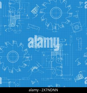 Mechanical engineering drawings on blue background. Cutting tools, milling cutter. Technical Design. Cover. Blueprint. Seamless pattern. Vector Stock Vector