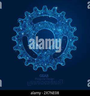 Abstract isolated blue image of a gear. Polygonal illustration looks like stars in the blask night sky in spase or flying glass shards. Digital design Stock Vector