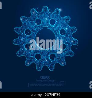 Abstract isolated blue image of a gear. Polygonal illustration looks like stars in the blask night sky in spase or flying glass shards. Digital design Stock Vector