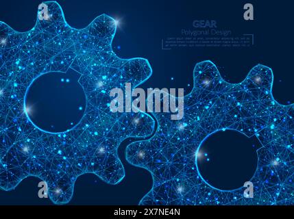 Abstract isolated blue image of a gear. Polygonal illustration looks like stars in the blask night sky in spase or flying glass shards. Digital design Stock Vector