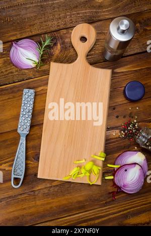 spices on the table. various kinds of pepper, bay leaf, spice background, top view Stock Photo