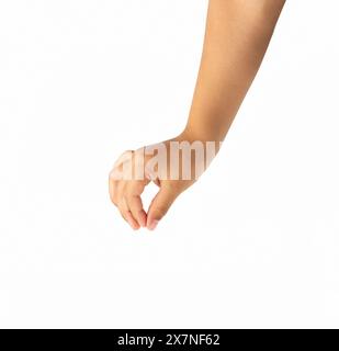 Child hand hanging something blank isolated on a white background Stock Photo