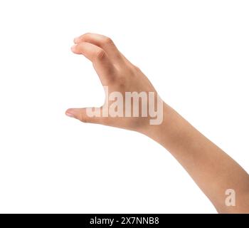 Close-up of child hand holding some like a blank object isolated on a white background Stock Photo